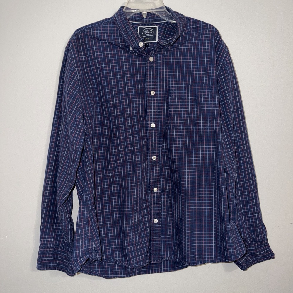 Charles Tyrwhitt Mens XL Slim Fit Navy Red Plaid Button Down Dress Shirt‎